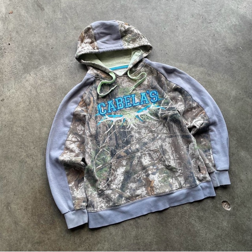 Cabela's Gray and Camouflage Hoodie with Blue Accents